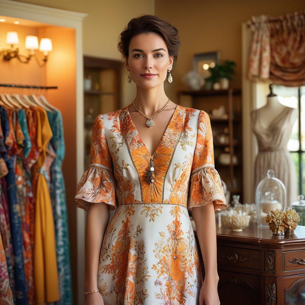 A stylish woman in a beautifully tailored artisan dress, standing confidently in a sunlit boutique filled with unique fashion pieces. Surround her with elegant accessories and vibrant fabrics, reflecting a charming and sophisticated lifestyle. Include elements like handcrafted jewelry and artistic decor to evoke creativity and elegance. Use a warm, inviting color palette. super-realistic. vibrant colors. soft focus.