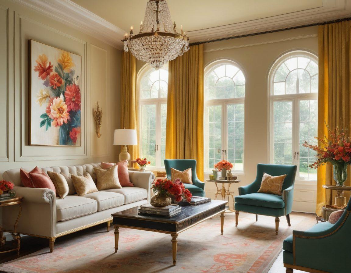 A lavish living room adorned with chic furniture, elegant decor, and luxurious textiles, exuding an atmosphere of opulence. Incorporate soft lighting that highlights golden accents and a bouquet of fresh flowers on a stylish coffee table. Showcase a view through large windows that overlook a scenic garden, symbolizing beauty and tranquility. Artfully blend elements of modern design with classic elegance. super-realistic. vibrant colors. 3D.